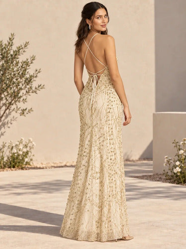 Vestido largo dorado de lentejuelas para gala