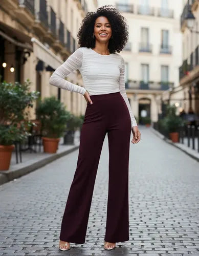 Pantalón Mujer Pierna Ancha Cintura Elasticada Pt 16 Burdeo S