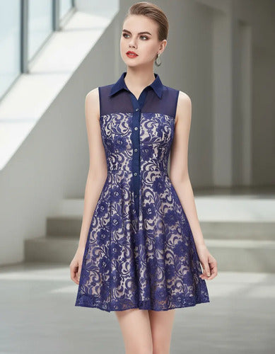 Vestido Encaje Forrado Ep 45c Azul Acero 6