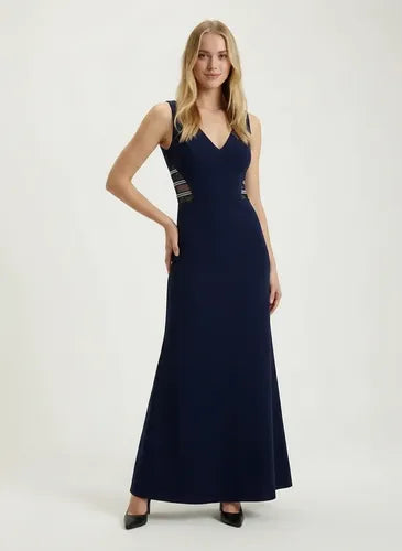 Vestido largo azul sirena sin mangas para fiesta