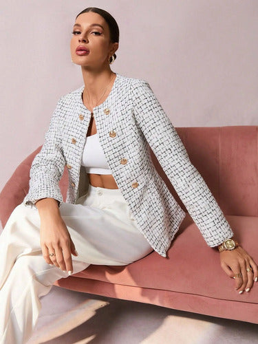 Blazer  Abrigo  Chaqueta Mujer Tweed Bolsillos Forrado Bb 45 Blanco S