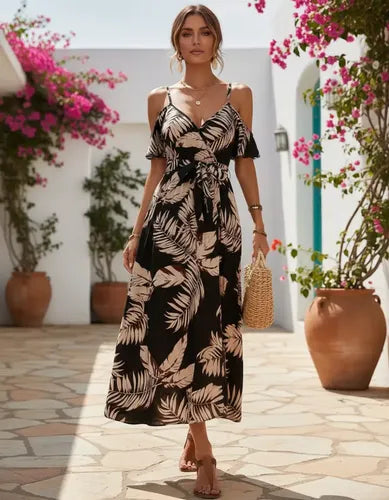 Vestido Bohemio Estampado Tropical Hombro Descubierto Vd 111 Negro S
