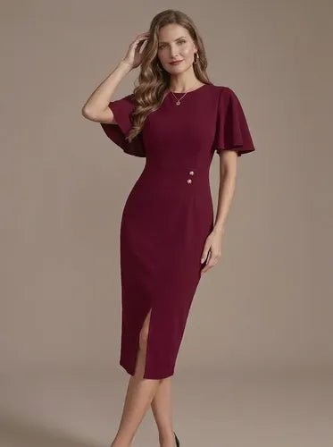 Vestido midi rojo gasa ajustado manga corta de gala