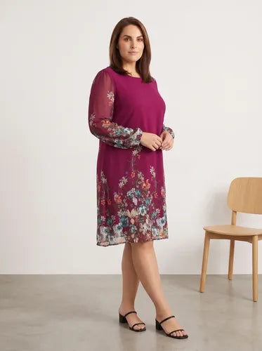 Vestido corto burdeo gasa talla grande manga larga