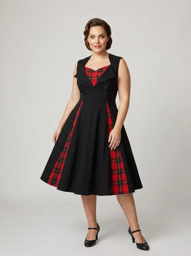Vestido corto bordó y negro pin up años 50 evasé