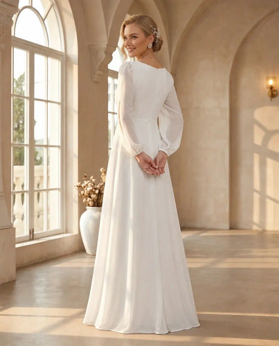 Vestido de novia evasé escote V manga larga