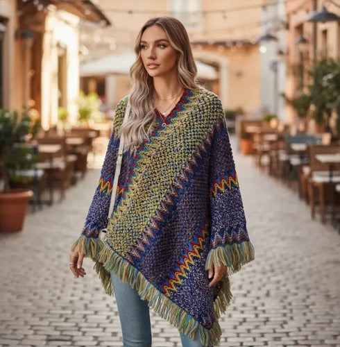 Poncho Tejido Chal De Punto Tapado Mujer