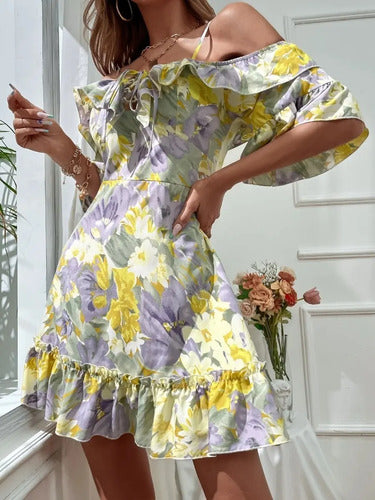 Vestido Hombros Descubiertos Estampado Floral  Vd 97