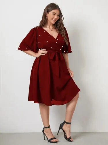 Vestido Fiesta Talla Grande Gasa Con Perlas Manga Vg 100