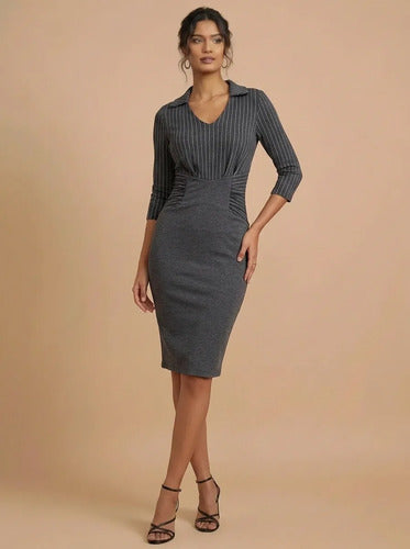 Vestido corto gris y negro corte tubo manga corta escote V