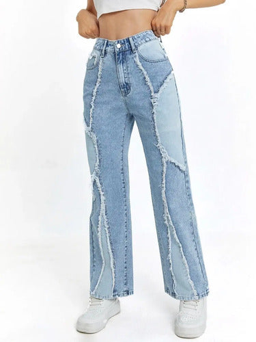 Jeans Mujer Bicolor Pierna Recta Bolsillos Tiro Alto Js 02