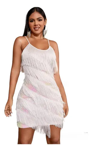 Vestido Fiesta Corto Lentejuelas Con Flecos Vl 41