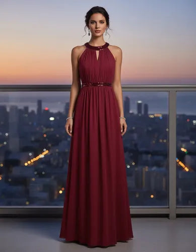 Vestido largo bordó halter de gala en gasa