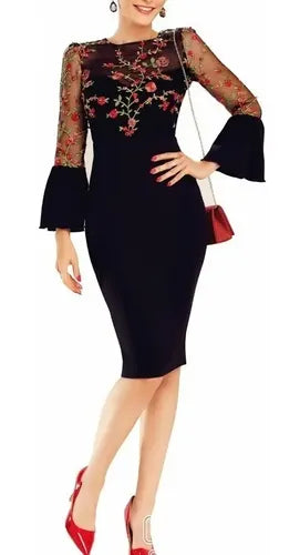 Vestido Negro Ajustado Con Mangas Va 308 Negro S