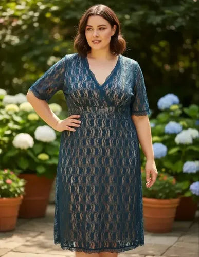 Vestido De Encaje Talla Grande Modelo Azulino 3xl