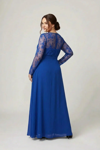 Vestido largo de fiesta evasé en gasa con manga larga