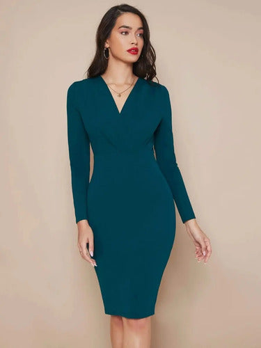 Vestido Cuello Cruzado Manga Angosta Va 500