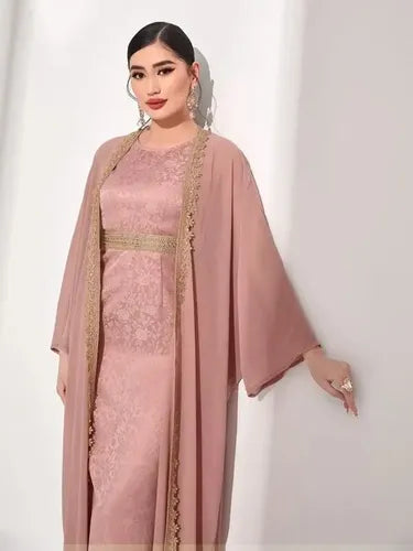 Vestido Jacquard Y Capa De Gasa Túnica Ep 439