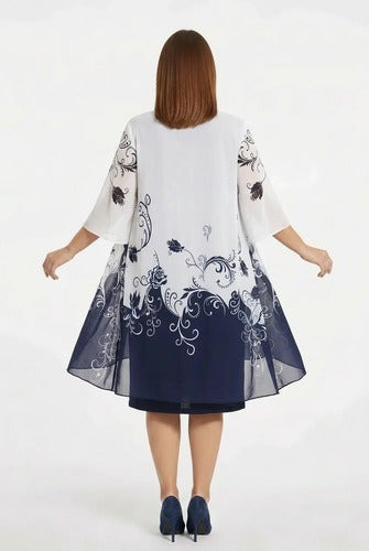 Vestido midi azul floral evasé talla grande