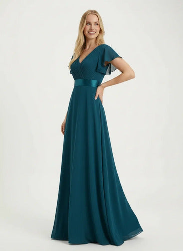 Vestido largo dama de honor en gasa escote V