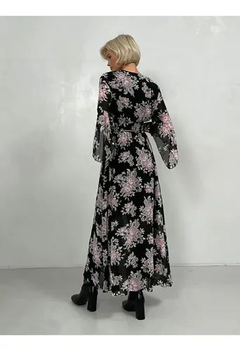 Vestido Largo Gasa Con Flores Vintage Femenino Vd 117