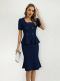 Vestido Ajustado Oficina Cóctel Bodycon Peplum Fiesta Va 594 Azul L