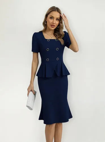 Vestido Ajustado Oficina Cóctel Bodycon Peplum Fiesta Va 594 Azul L