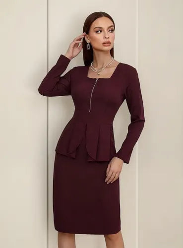 Vestido Peplum Delgado Cuello Cuadrado Sin Cinturón Va 507 Bordó Xl