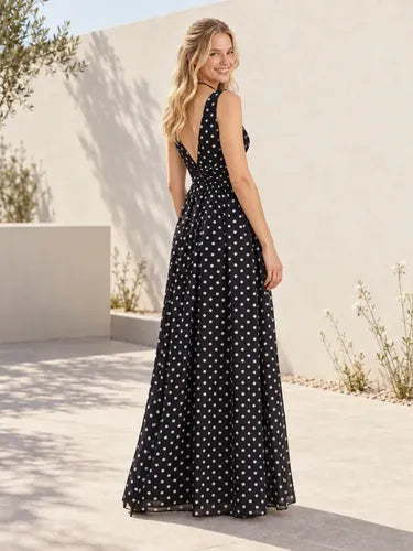 Vestido largo lunares negro escote V