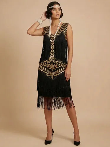 Vestido midi charlestón años 20 negro