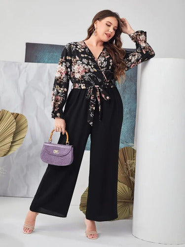 Entero Palazzo Jumpsuit Talla Grande Con Cinturón Vg 201 Negro 4xl