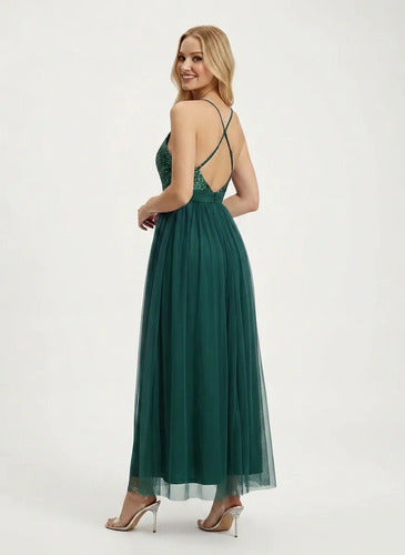Vestido largo multicolor tul y lentejuelas evasé
