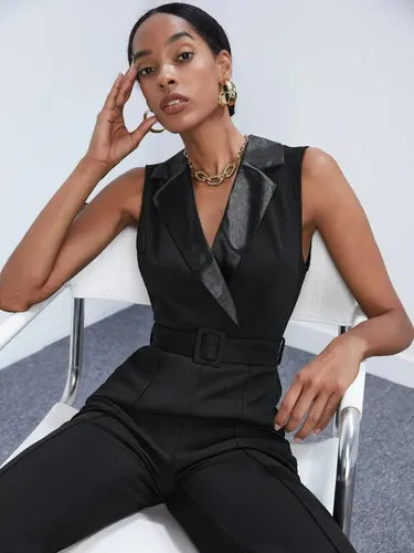 Entero Jumpsuit Mono Negro Fiesta Con Cinturón El 166 Negro L
