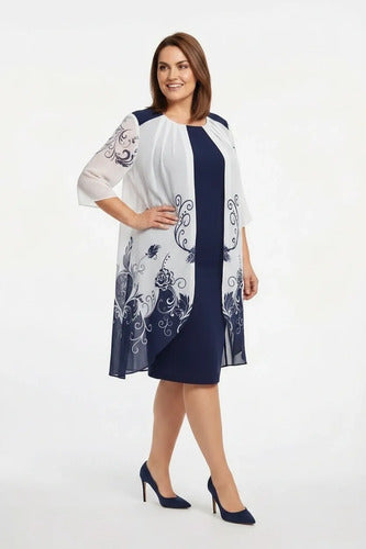 Vestido midi azul floral evasé talla grande