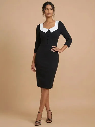 Vestido midi negro bodycon manga 3/4 cuello cuadrado
