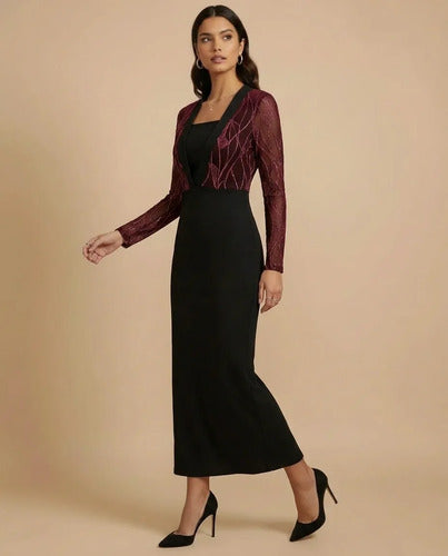 Vestido largo negro brillos cuello cuadrado