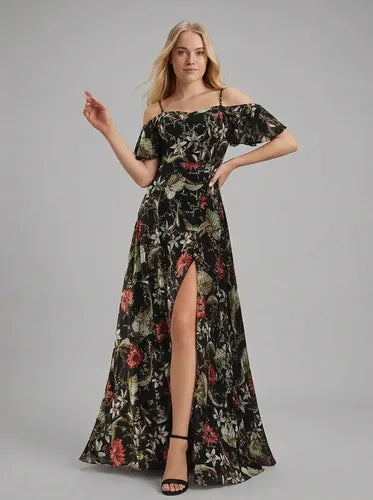 Vestido largo de fiesta hombros descubiertos negro
