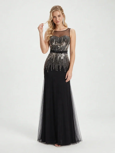 Vestido largo evasé de gasa con lentejuelas