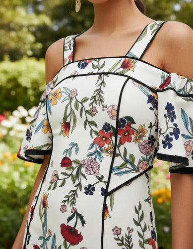 Vestido Floral Boho Hombros  Va 365 Blanco Xs