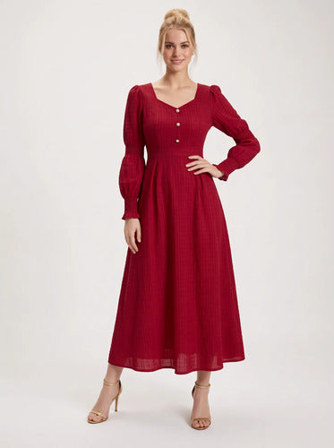 Vestido largo burdeo escote corazón manga larga