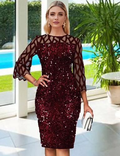 Vestido De Fiesta Con Lentejuela Vg 78 Rojo M