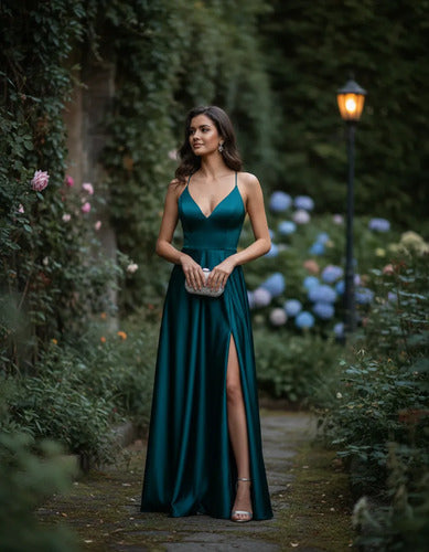 Vestido largo verde línea A con escote V
