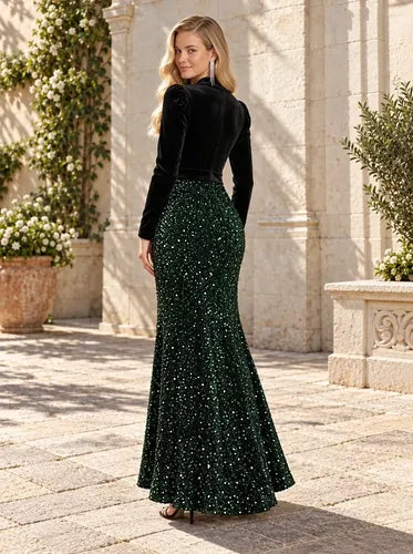 Vestido largo terciopelo negro lentejuelas manga larga
