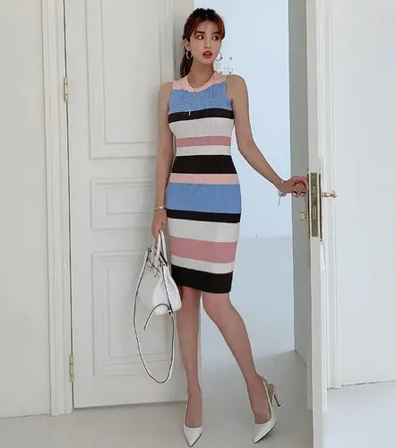 Vestido Punto Canalé Hilo Ajustado Lapiz Jersey Va 440 Multicolor Única