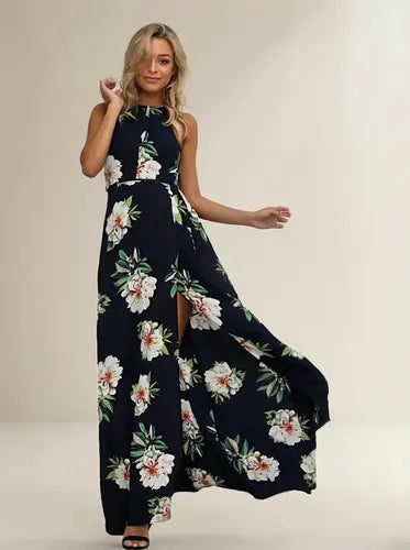 Vestido Maxi Largo Bohemio Azul Blanco Playero Vd 82