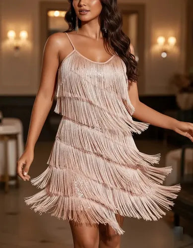 Vestido Fiesta Corto Lentejuelas Con Flecos Vl 41