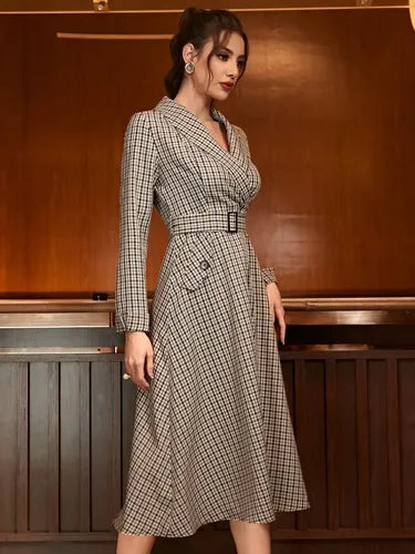 Vestido Manga Larga Campana Cuello Esmoquin Cinturón Va 565 Marrón Cuadritos L