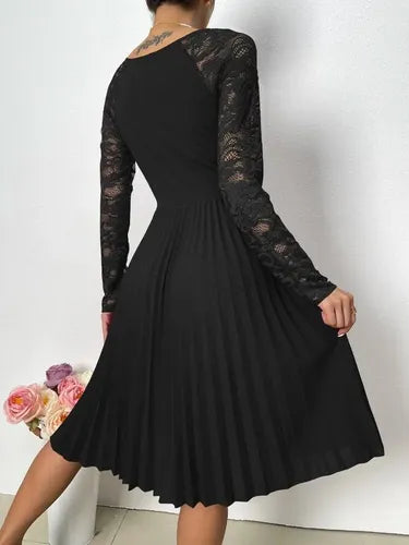 Vestido Plisado Cuello Redondo Manga De Encajes Va 499