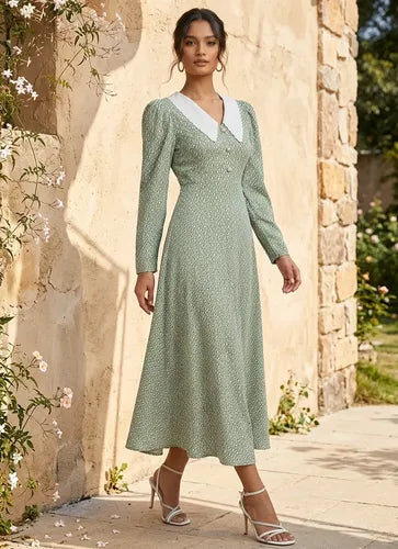 Vestido largo verde estampado manga larga