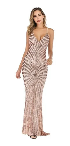 Vestido Fiesta Largo Negro Dorado Lentejuelas  Vl 27